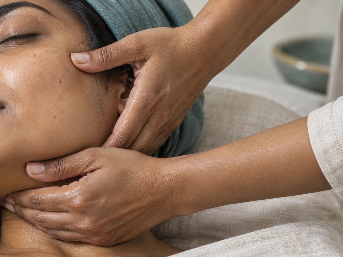 A professional spa therapist performs a gentle facial massage for a relaxed Indian guest.