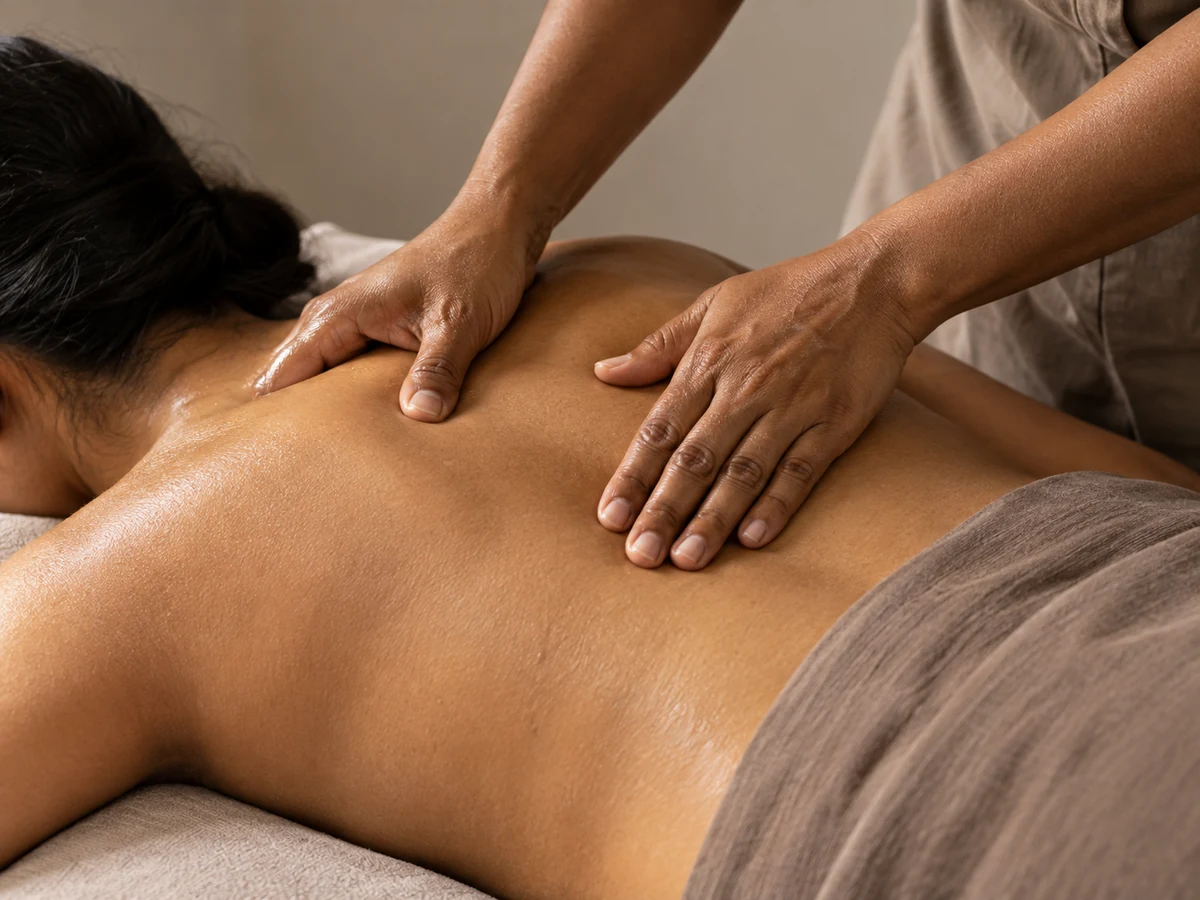 A professional spa therapist uses both hands to massage a guest’s upper back.